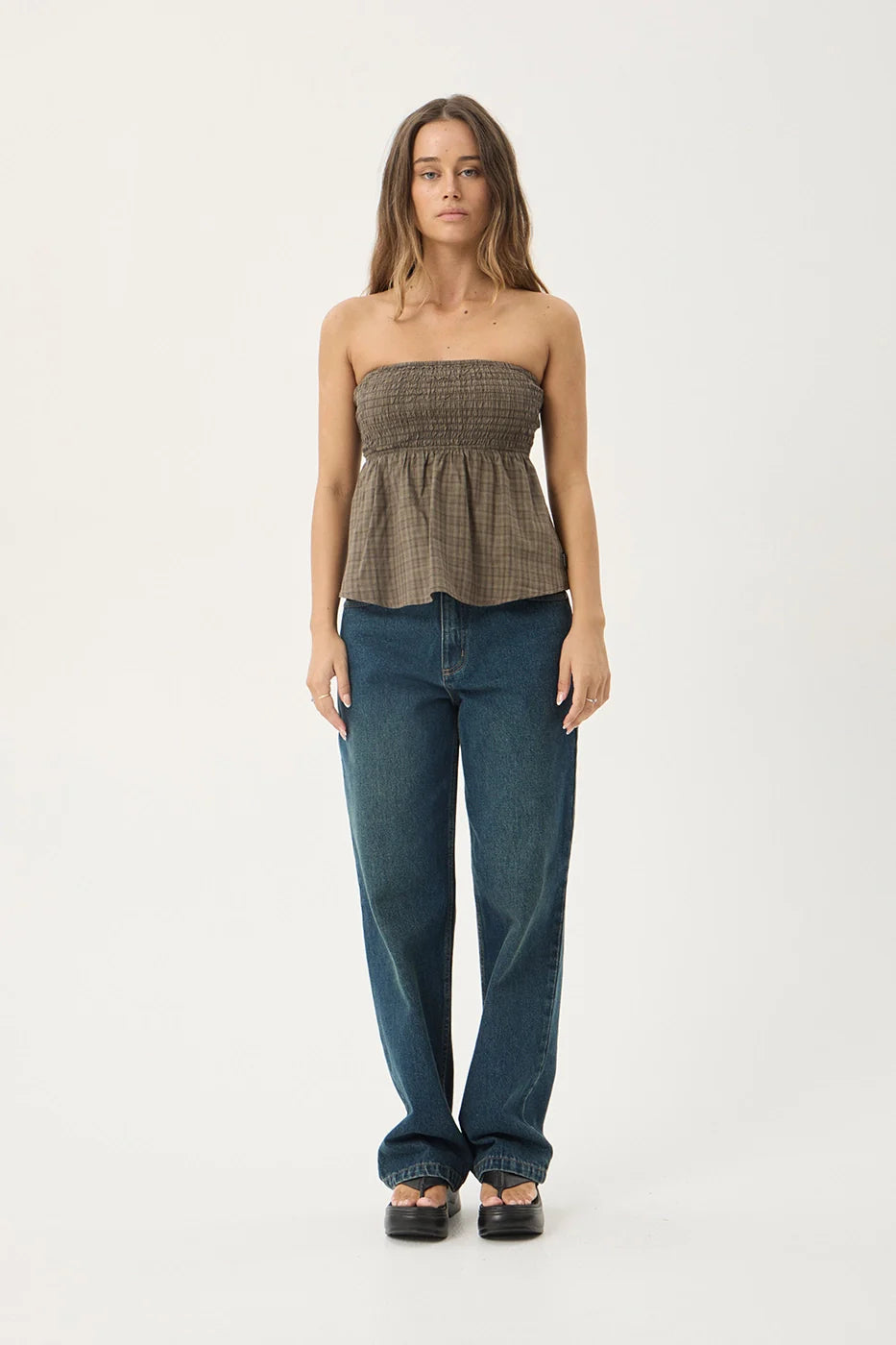 AFENDS Womens Mina Shadow - Strapless Top - Stone Check