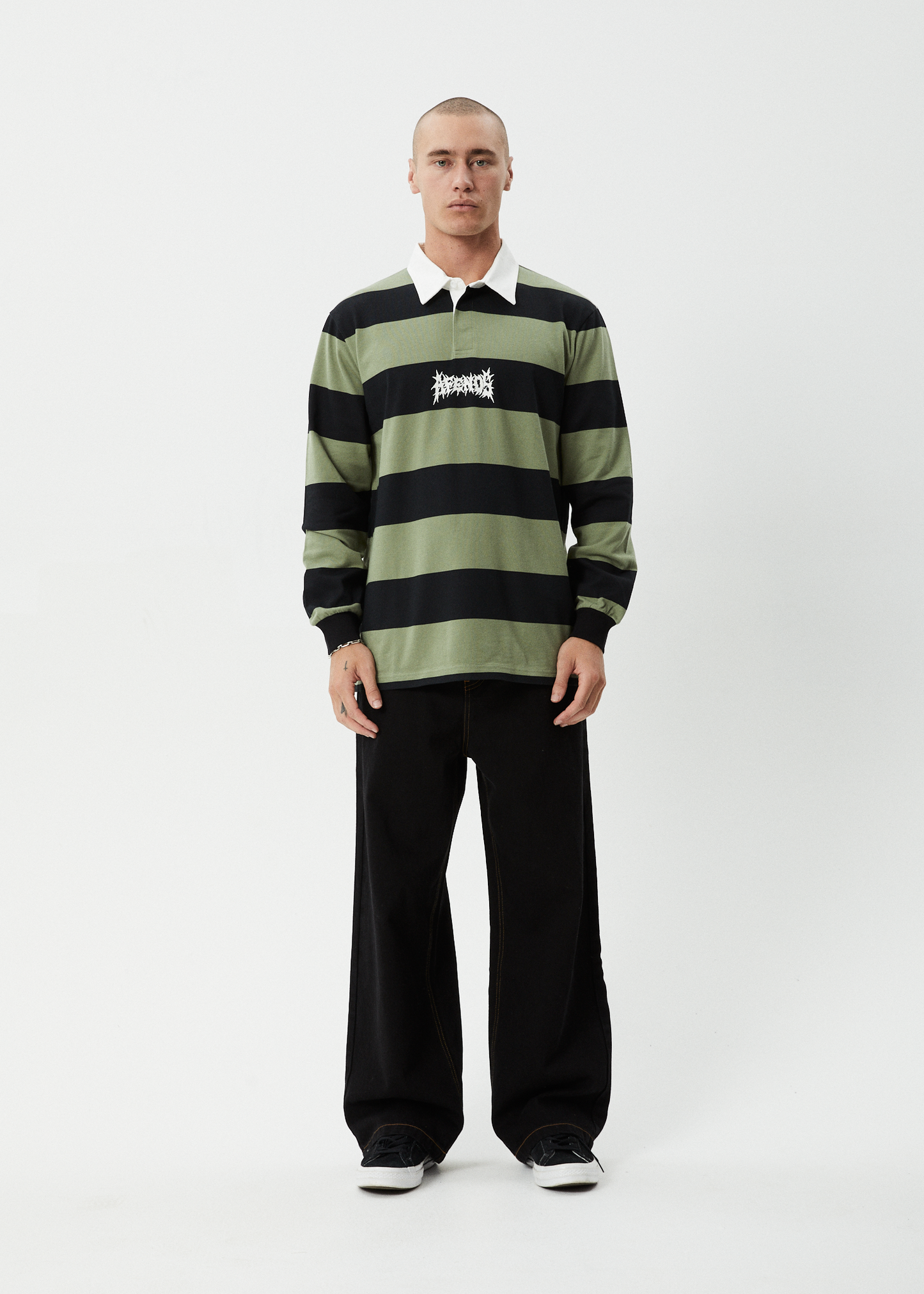 AFENDS Mens Mental - Rugby Long Sleeve Tee - Oil Green