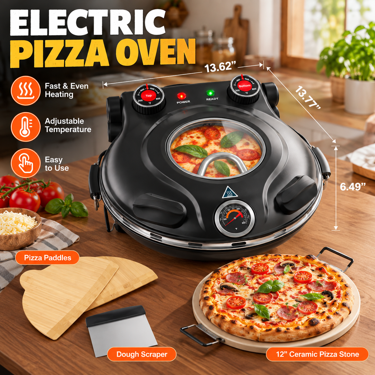 12 Inch Electric Pizza Oven with Ceramic Stone & Dual Heat Control