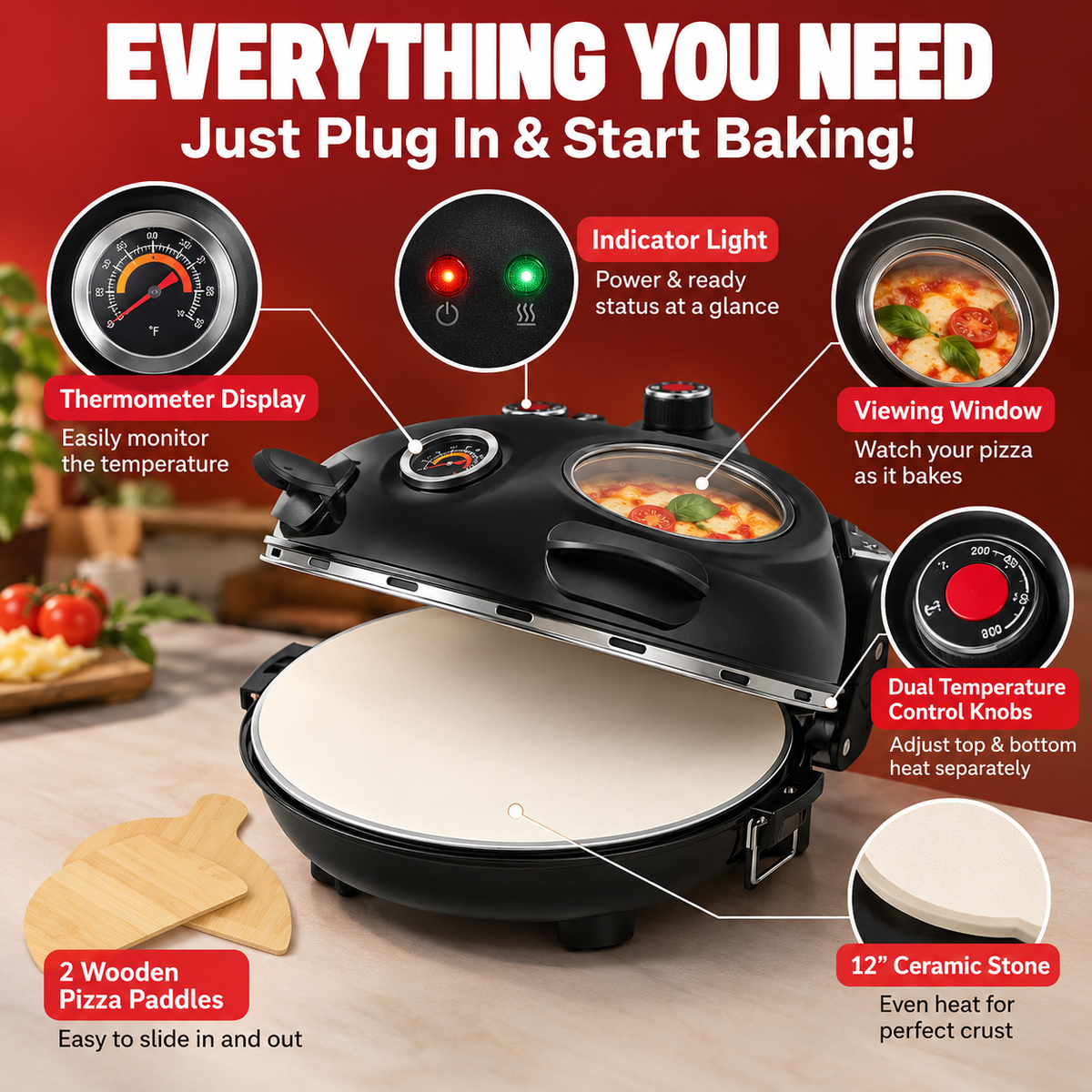12 Inch Electric Pizza Oven with Ceramic Stone & Dual Heat Control