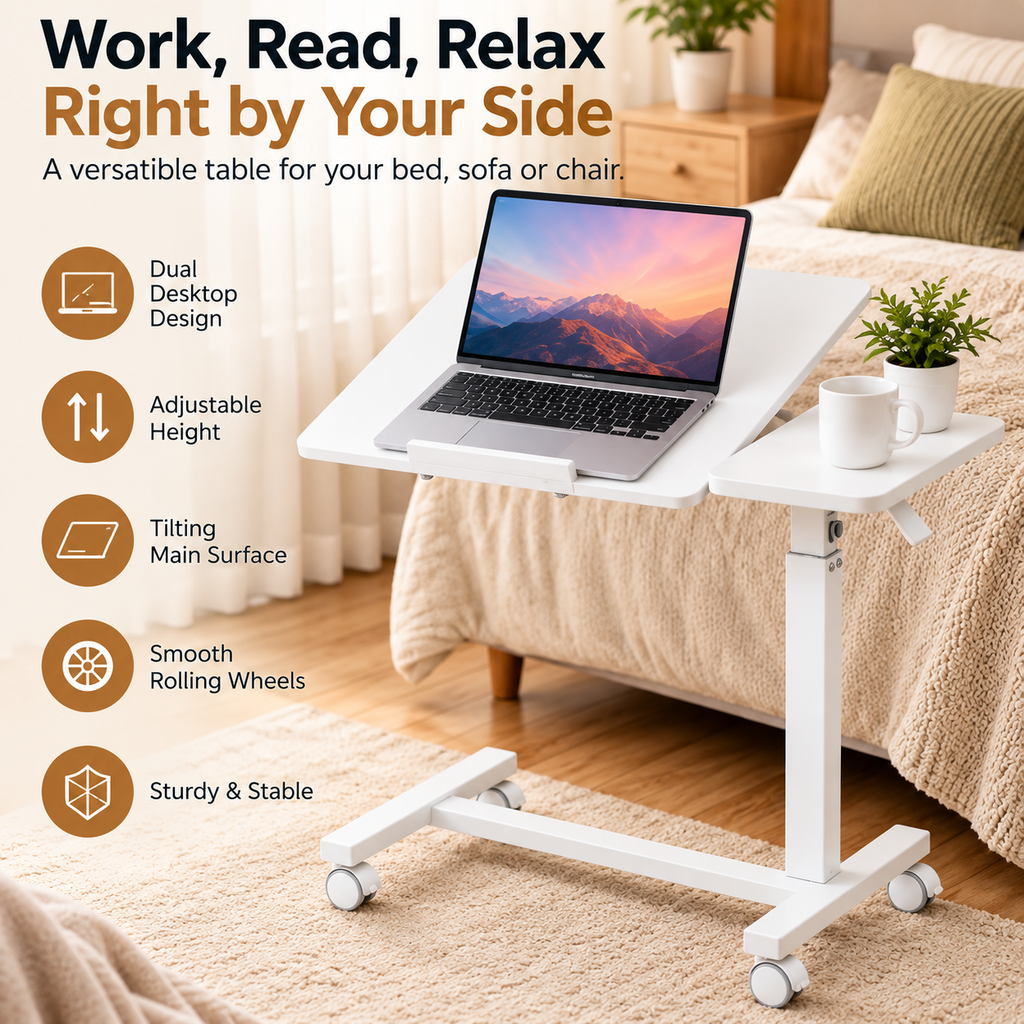 Adjustable Overbed Laptop Table with Tilting Top and Wheels