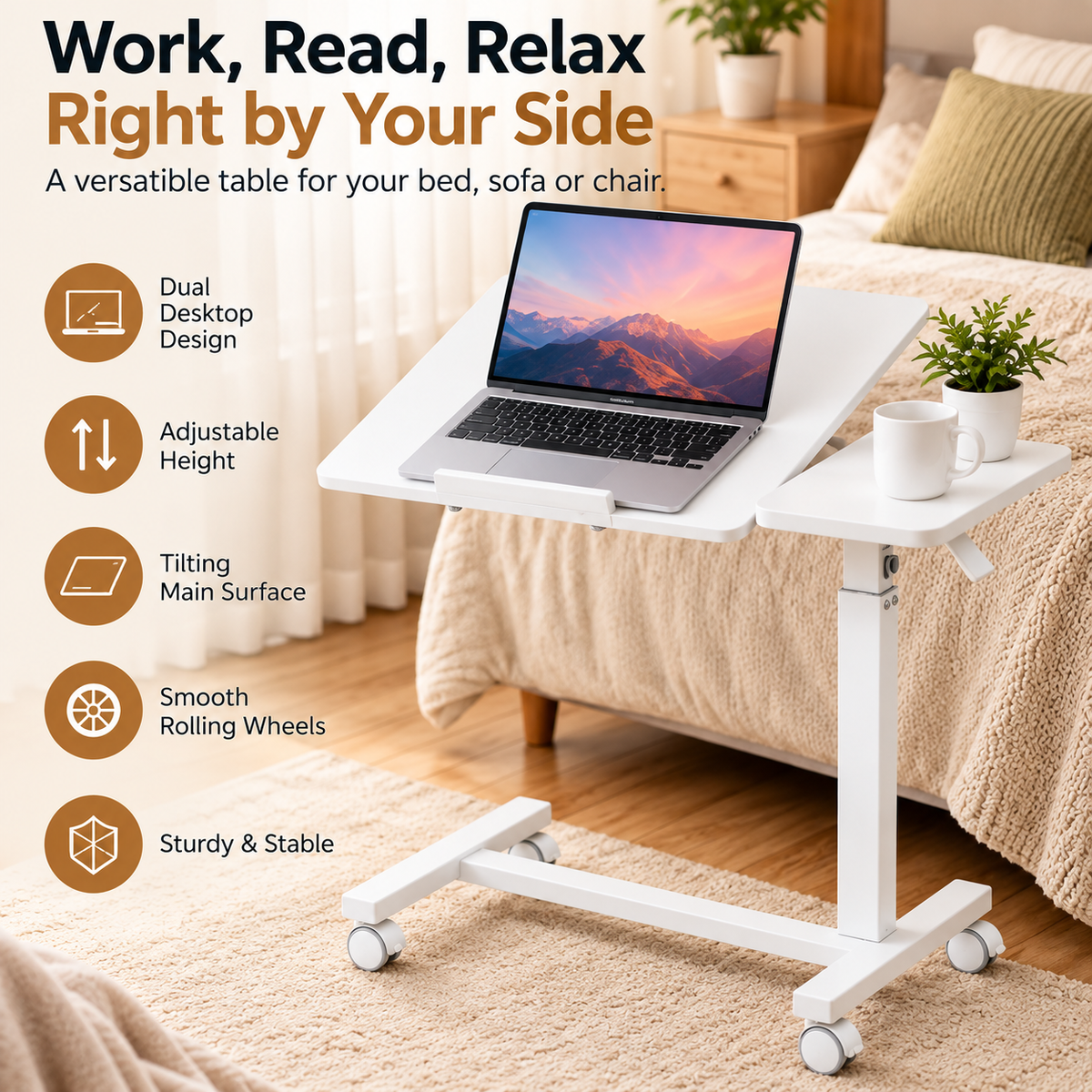 Adjustable Overbed Laptop Table with Tilting Top and Wheels – Reednest