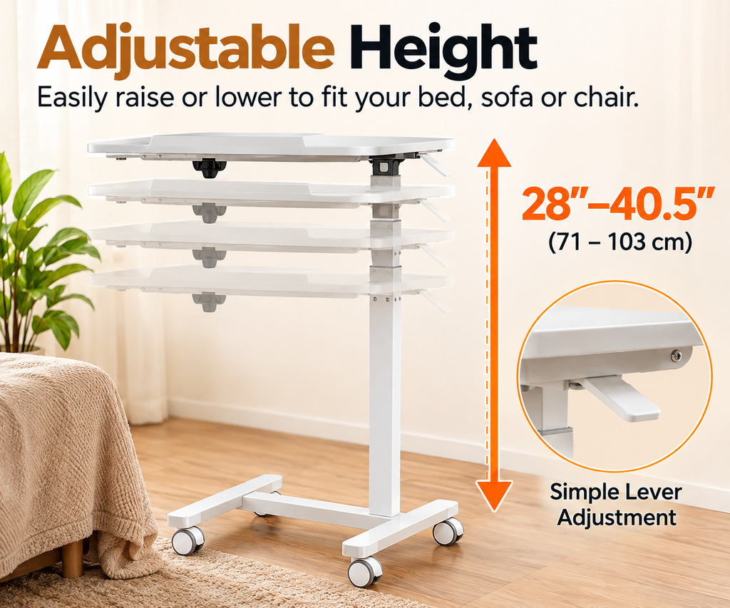 Adjustable Overbed Laptop Table with Tilting Top and Wheels