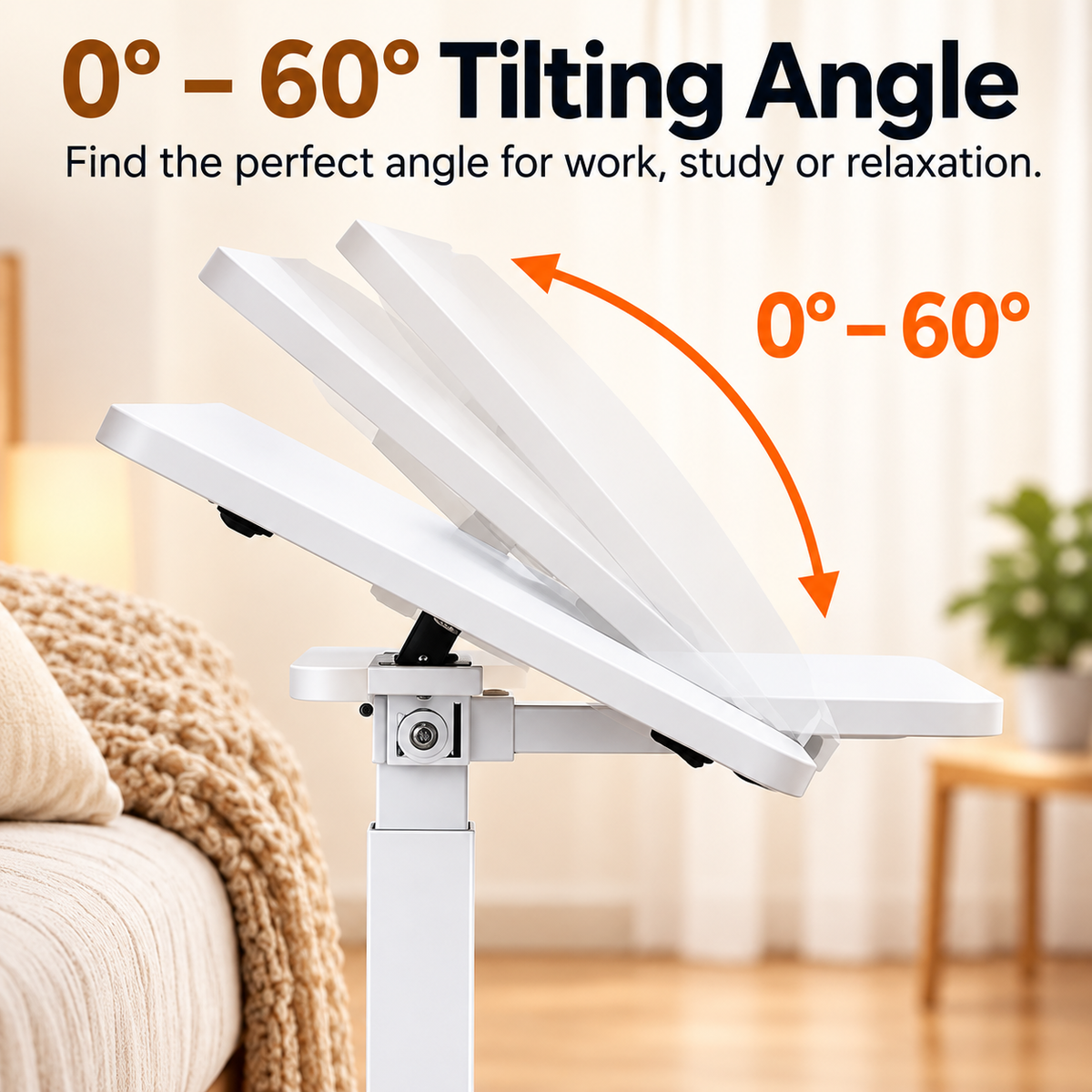 Adjustable Overbed Laptop Table with Tilting Top and Wheels