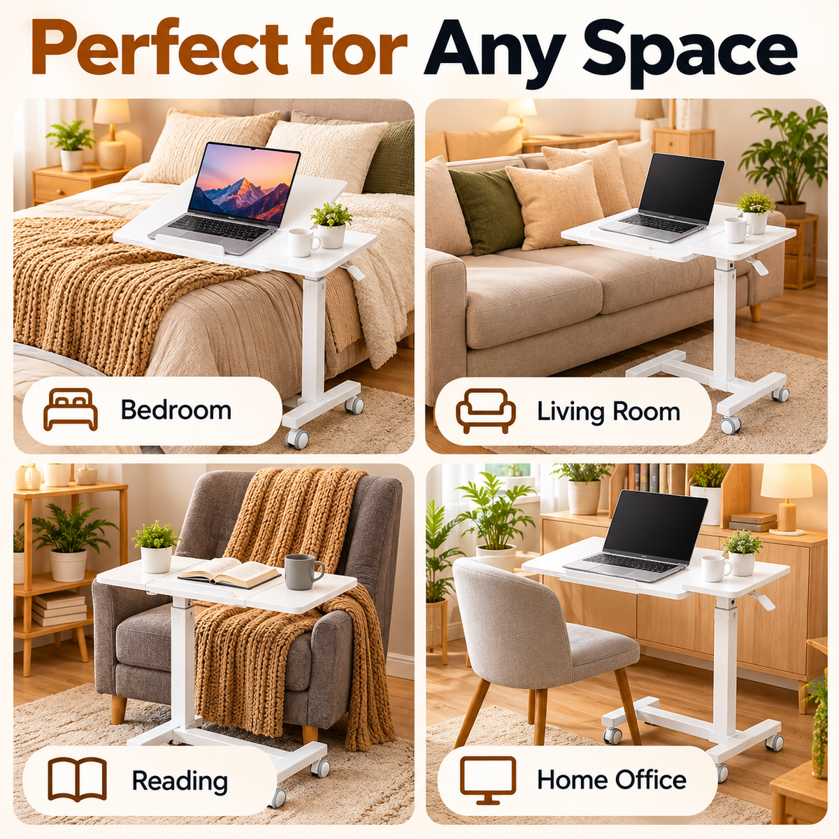 Adjustable Overbed Laptop Table with Tilting Top and Wheels