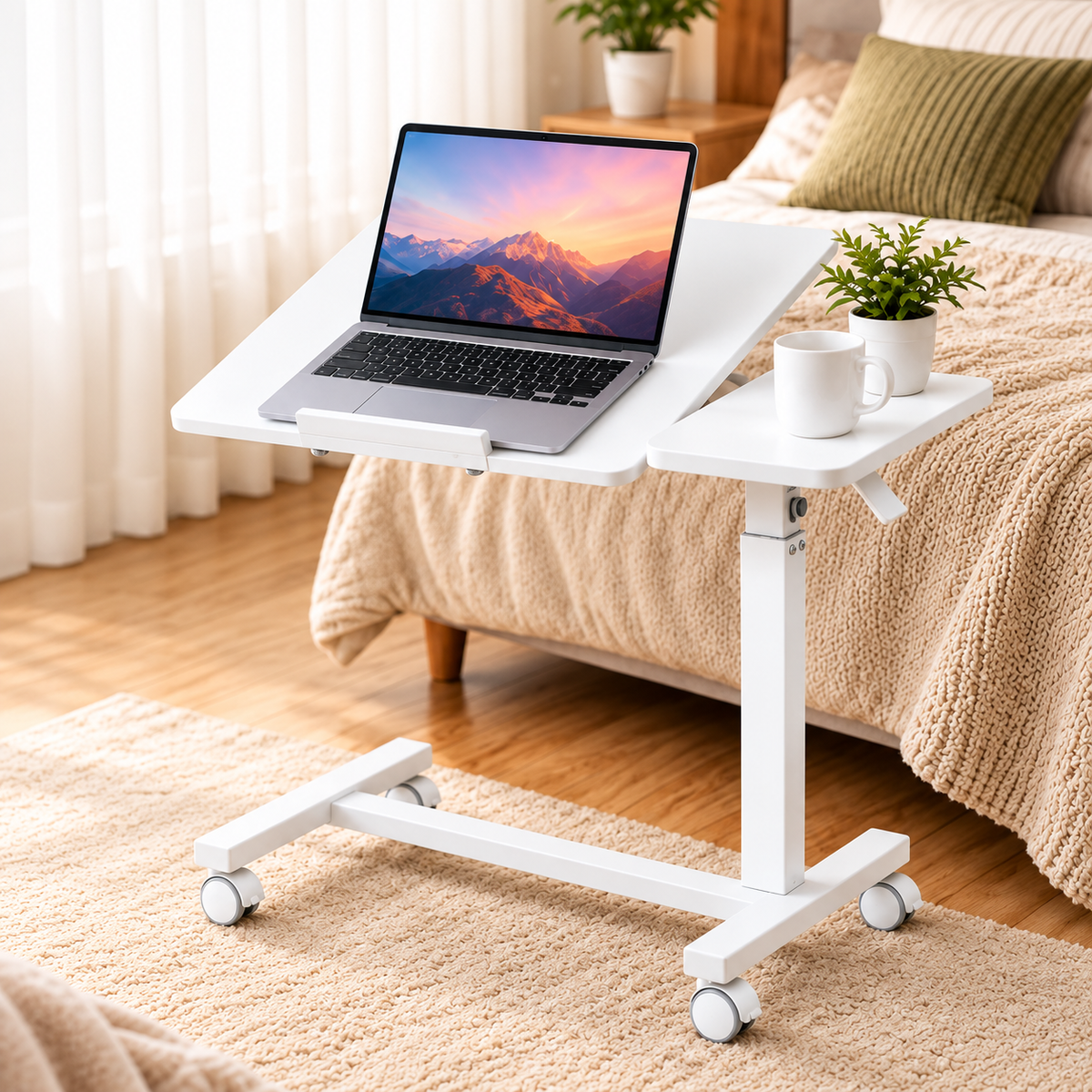 Adjustable Overbed Laptop Table with Tilting Top and Wheels