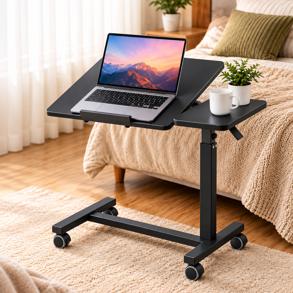 Adjustable Overbed Laptop Table with Tilting Top and Wheels