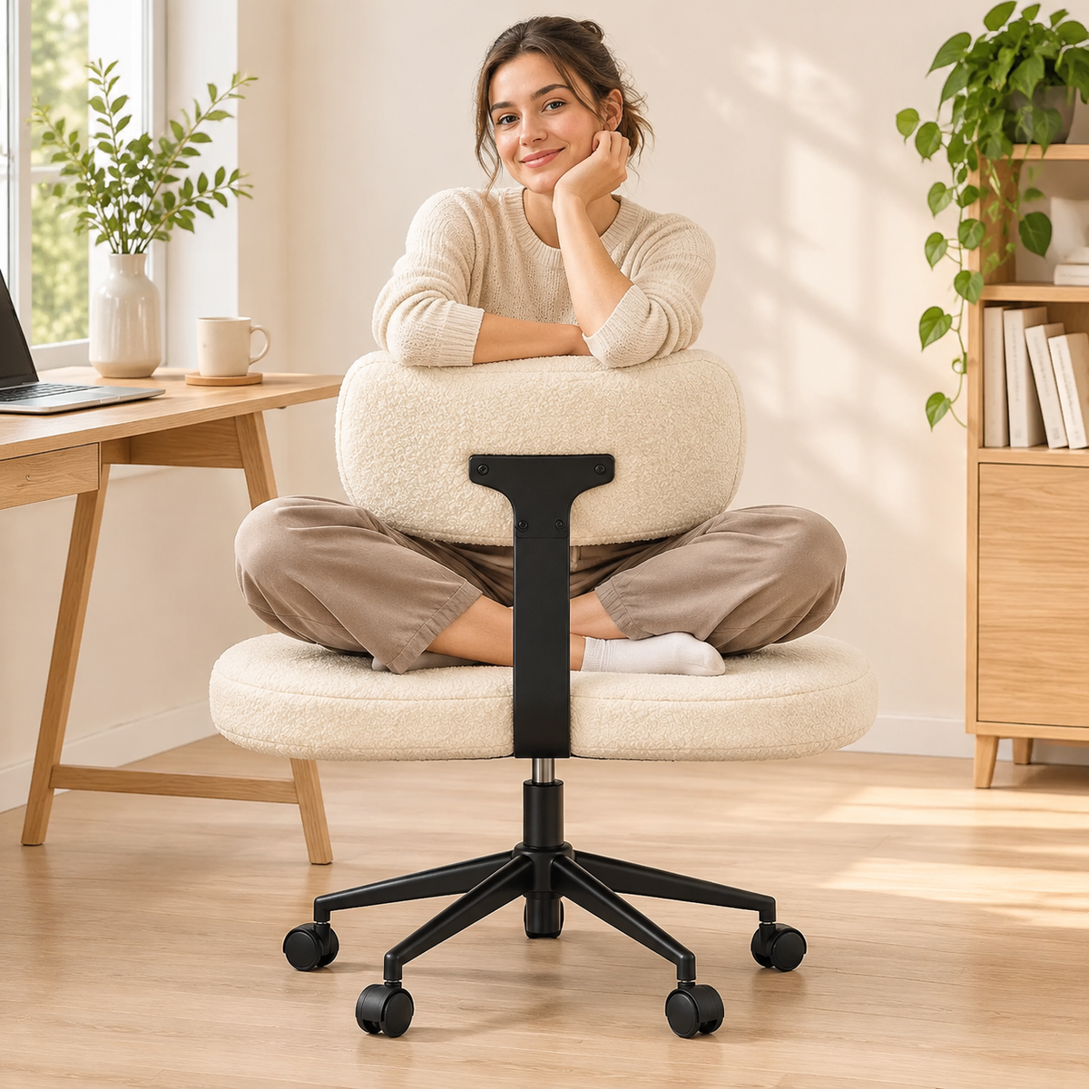 Ergonomic Cross Legged Office Chair with Adjustable Height and Soft Teddy Fabric