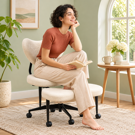 Ergonomic Cross Legged Office Chair with Adjustable Height and Soft Teddy Fabric