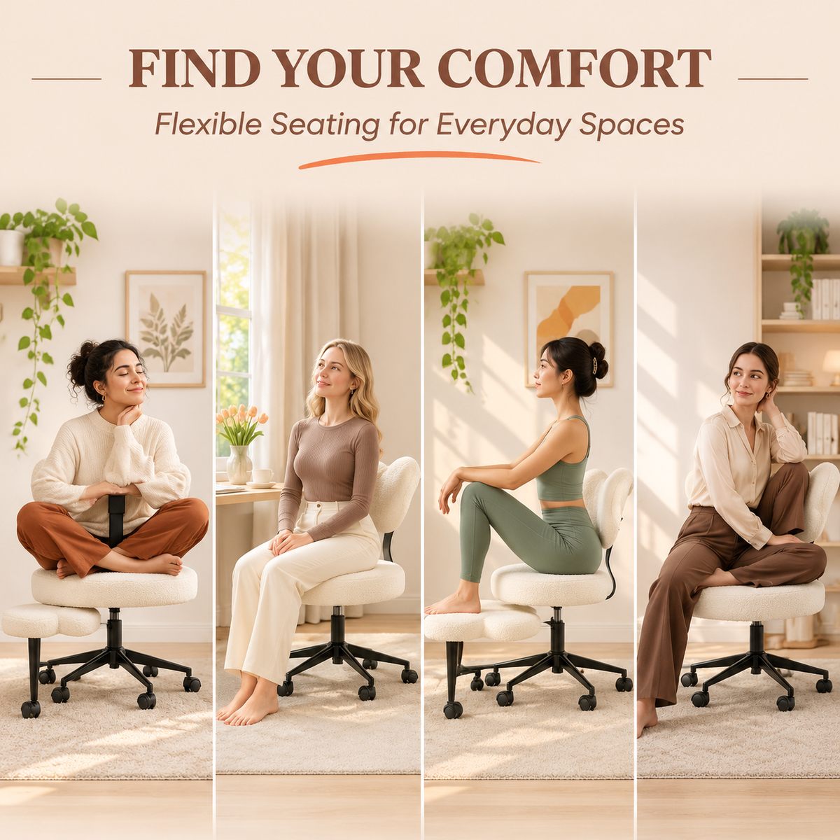 Ergonomic Cross Legged Office Chair with Adjustable Height and Soft Teddy Fabric