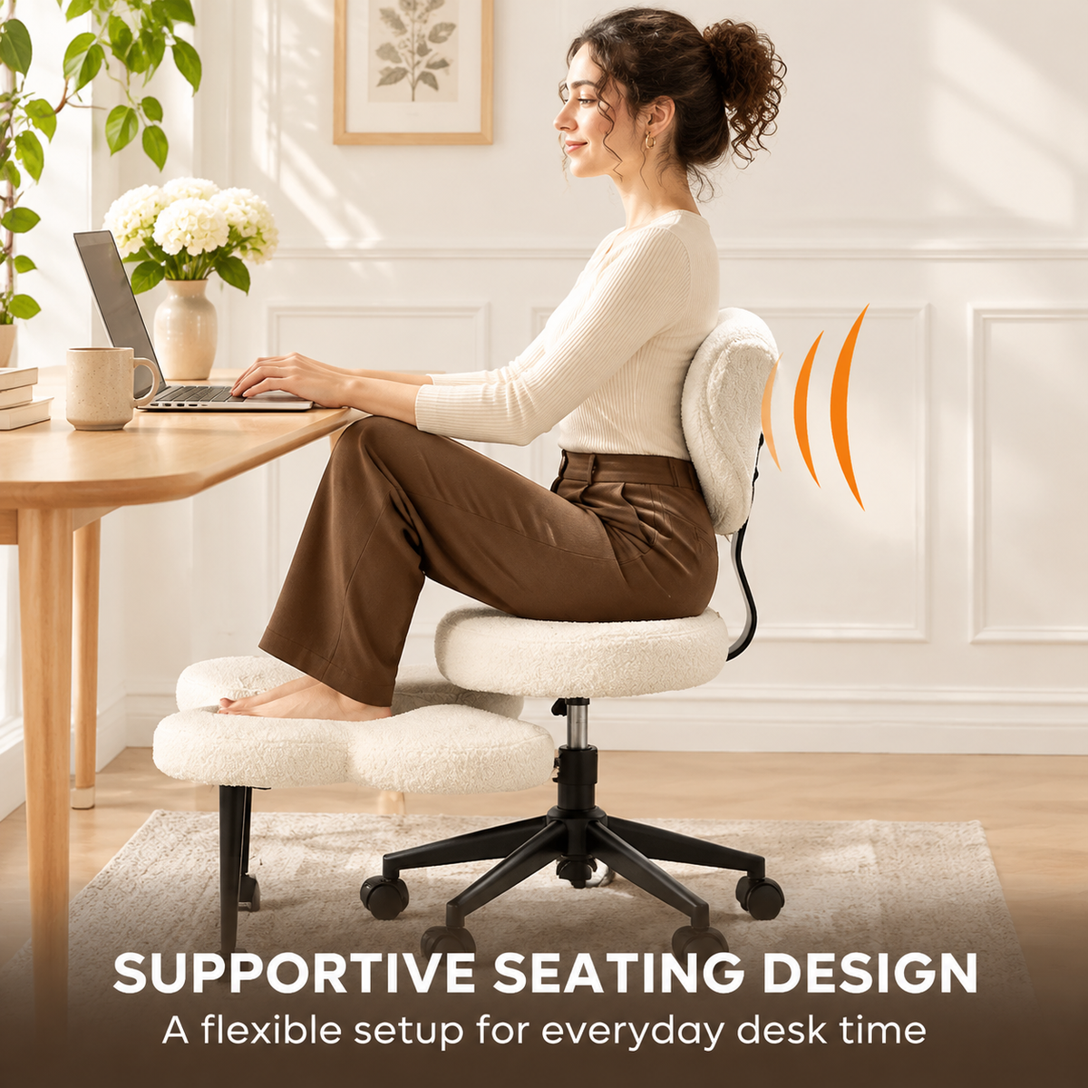 Ergonomic Cross Legged Office Chair with Adjustable Height and Soft Teddy Fabric