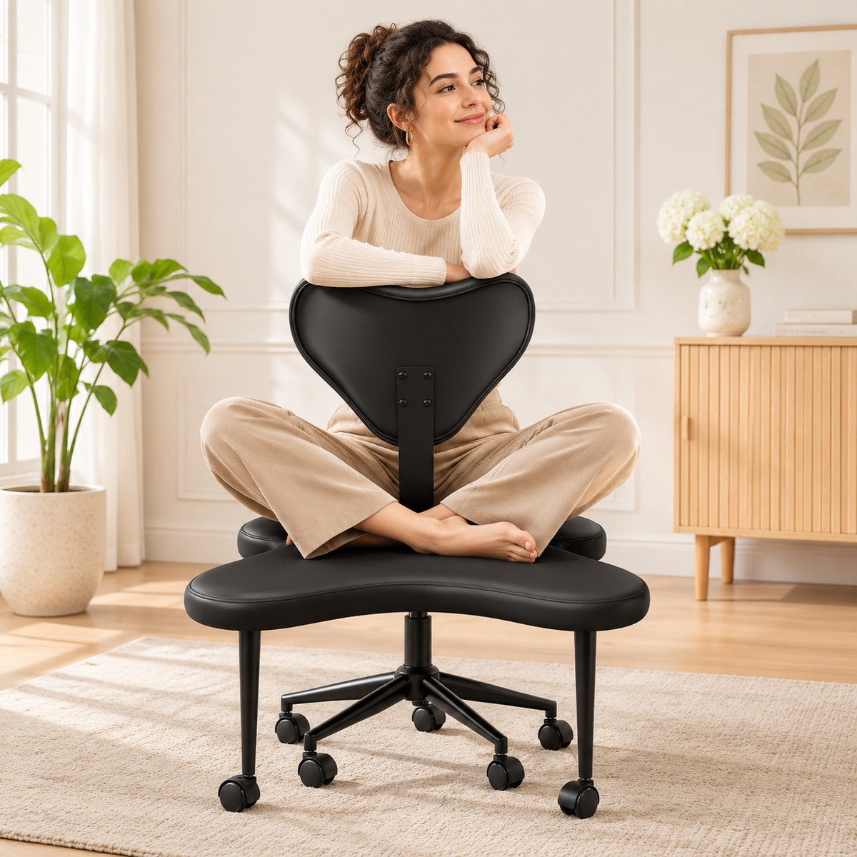 Ergonomic Cross Legged Office Chair with Adjustable Height and Soft Teddy Fabric