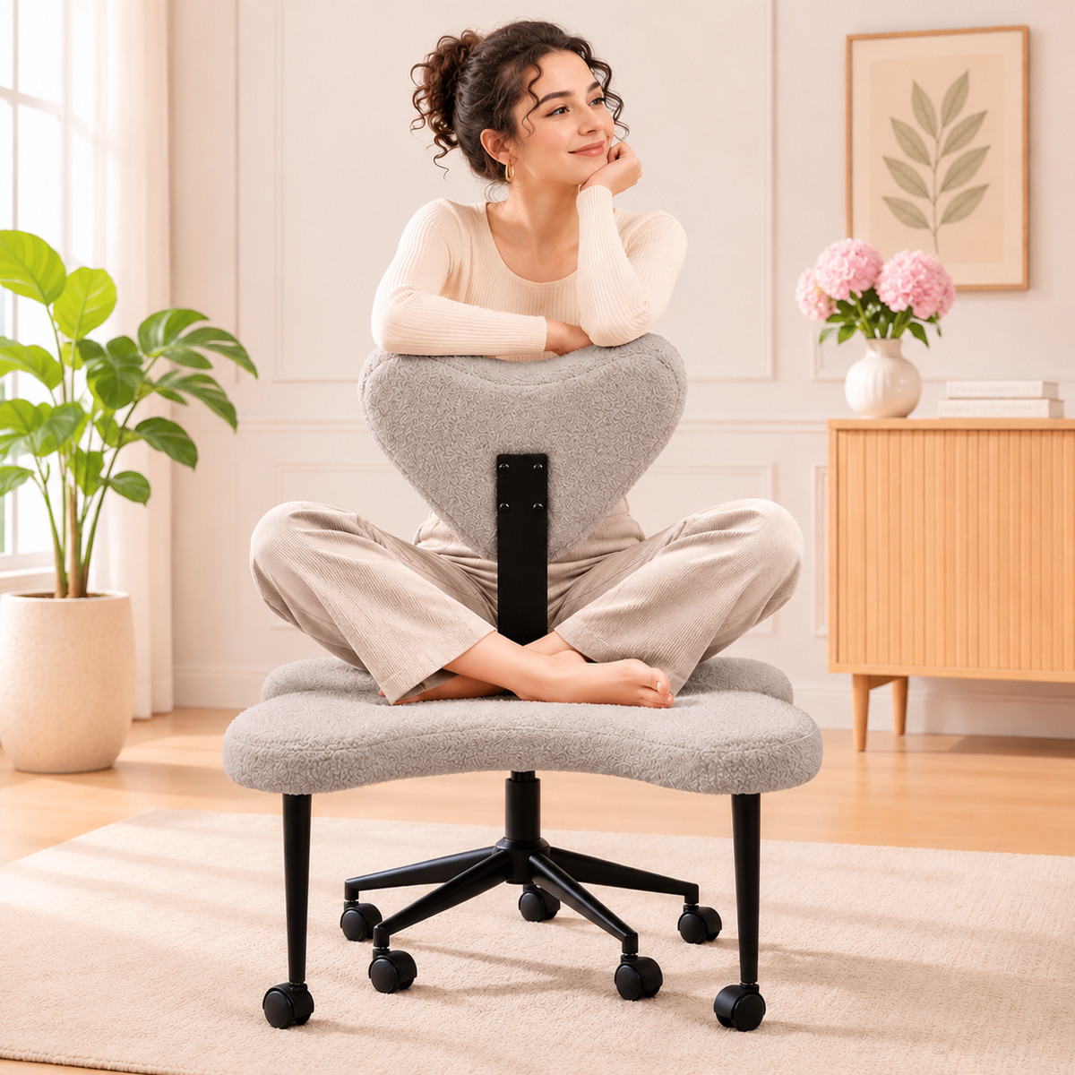 Ergonomic Cross Legged Office Chair with Adjustable Height and Soft Teddy Fabric
