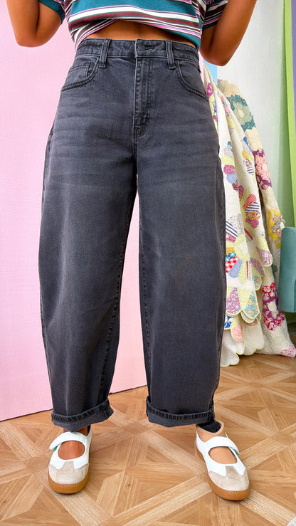 Urban Edge Barrel Jeans, Black Denim