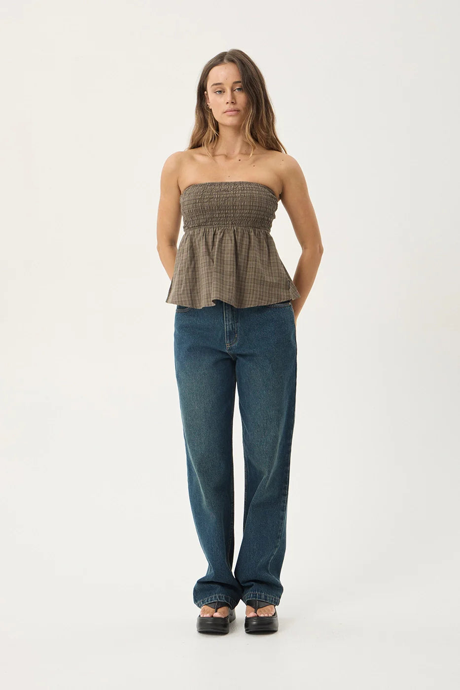 AFENDS Womens Mina Shadow - Strapless Top - Stone Check