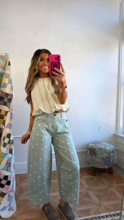 Sweet Pea Polka Dot Barrel Pants, Sage