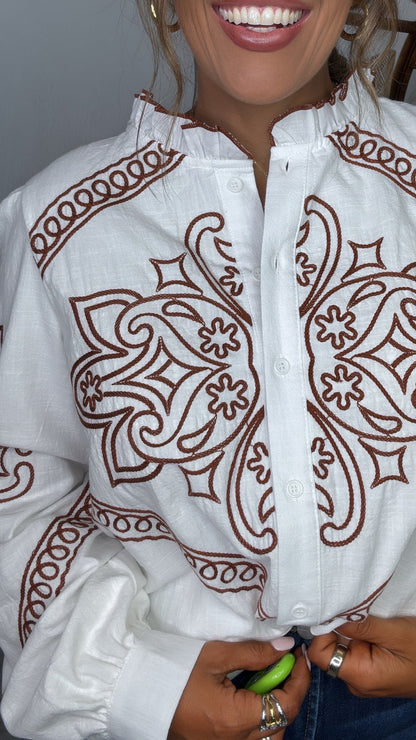 Sundance Ruffle Embroidered Button Up Top, White