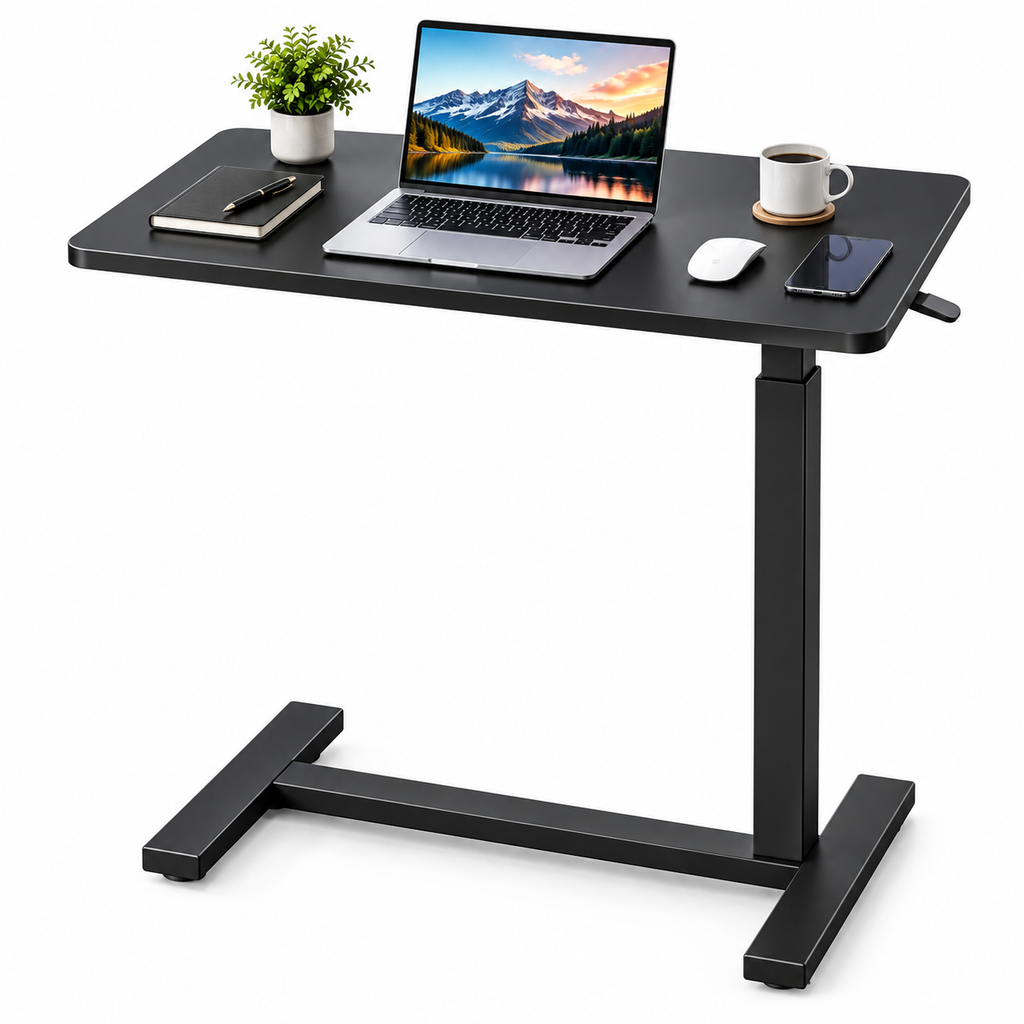 Adjustable Overbed Laptop Table with Tilting Top and Wheels