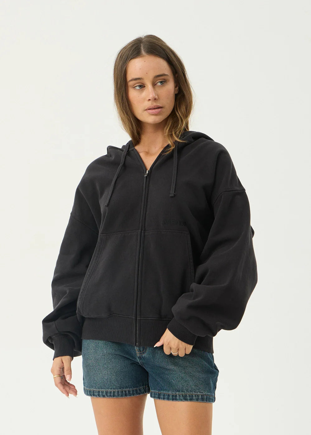 AFENDS Mens Genesis - Boxy Zip Hood - Stone Black