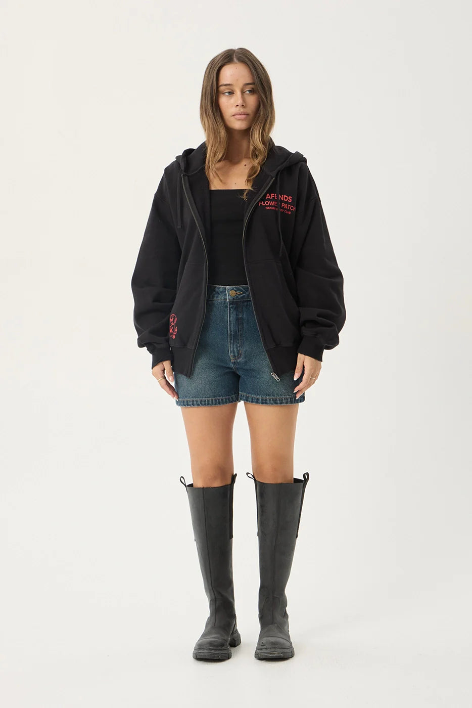 AFENDS Mens Flower Patch - Boxy Zip Hood - Stone Black