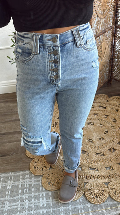 SAIGE: Ford Button Fly Slim Straight Denim, Medium