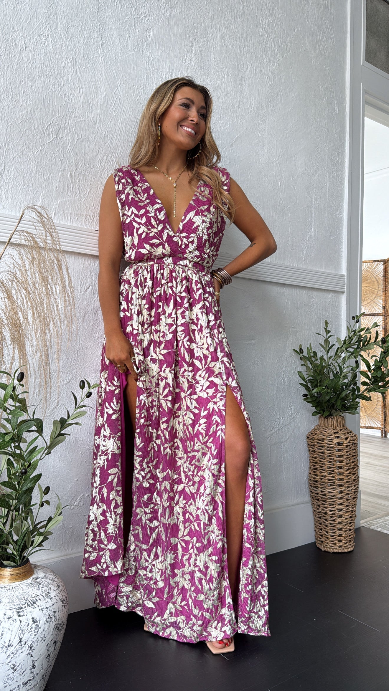 Rosaline Plunge Maxi Dress, Magenta/Gold