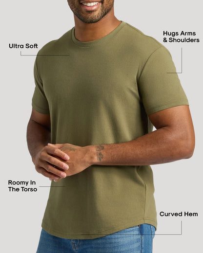 Military Green Curved Hem Classic Crew Neck