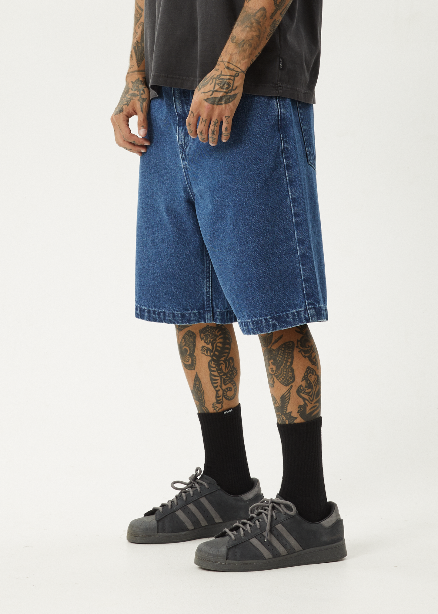 AFENDS Mens Lil C - Denim Baggy Short 22" - Authentic Blue