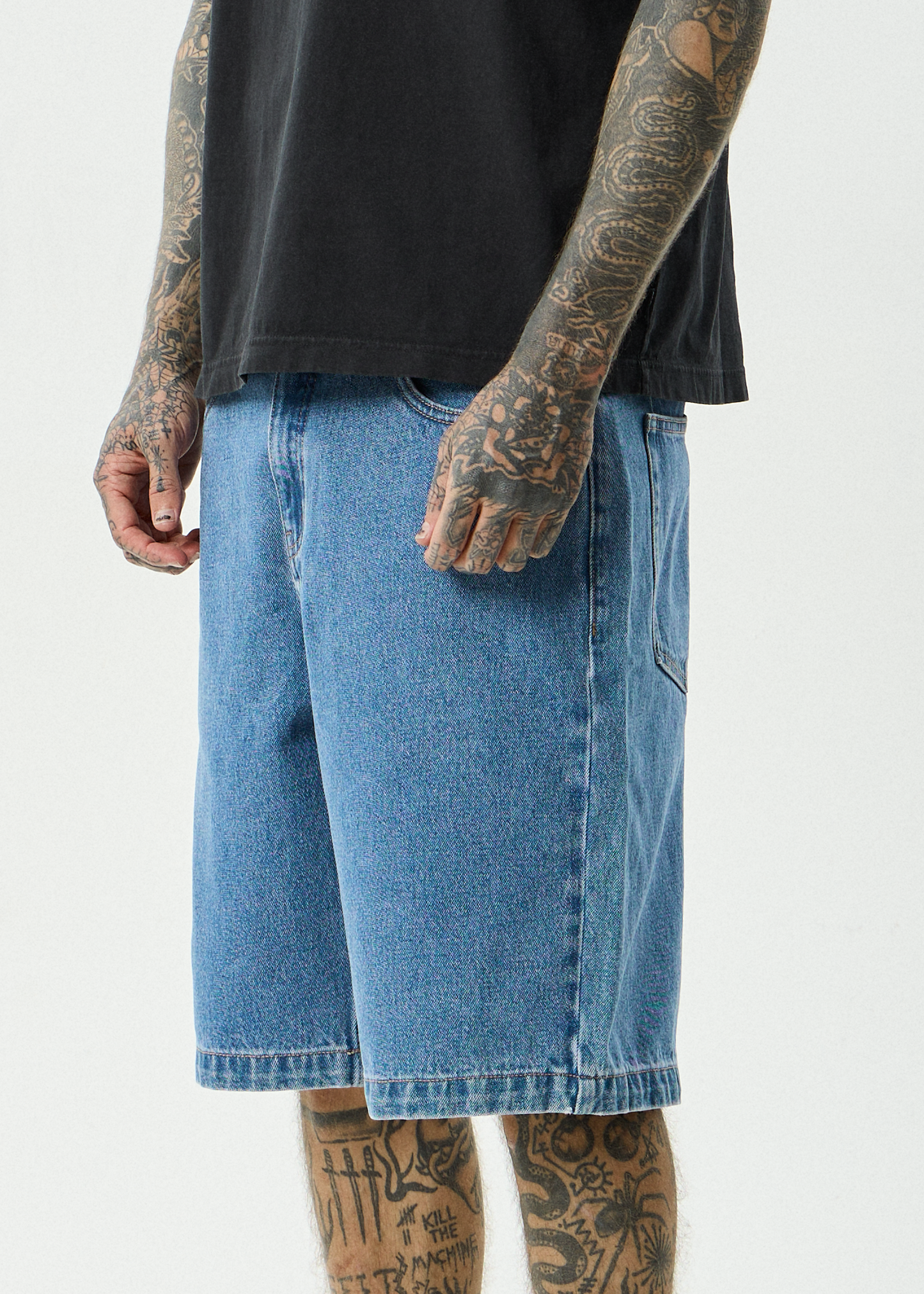 AFENDS Mens Lil C - Denim Baggy Short 22" - Worn Blue