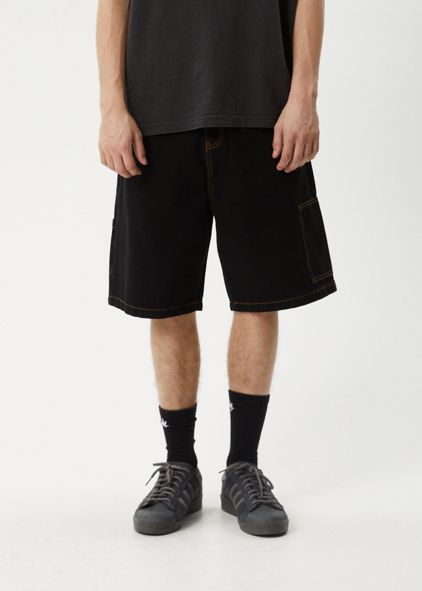 AFENDS Mens Scorched Harper - Denim Baggy Workwear Short 22" - Washed Black