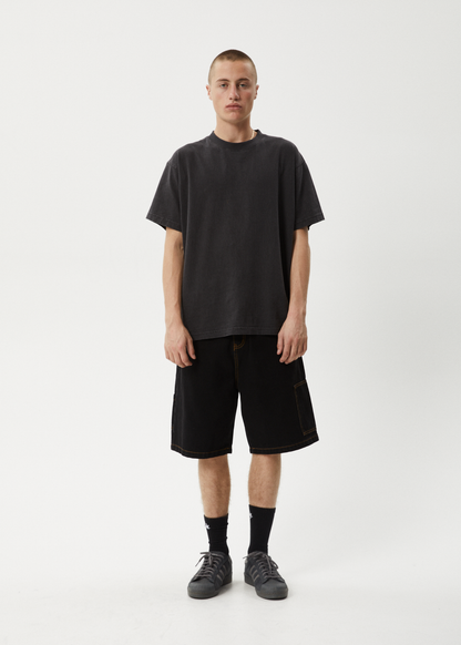 AFENDS Mens Scorched Harper - Denim Baggy Workwear Short 22" - Washed Black