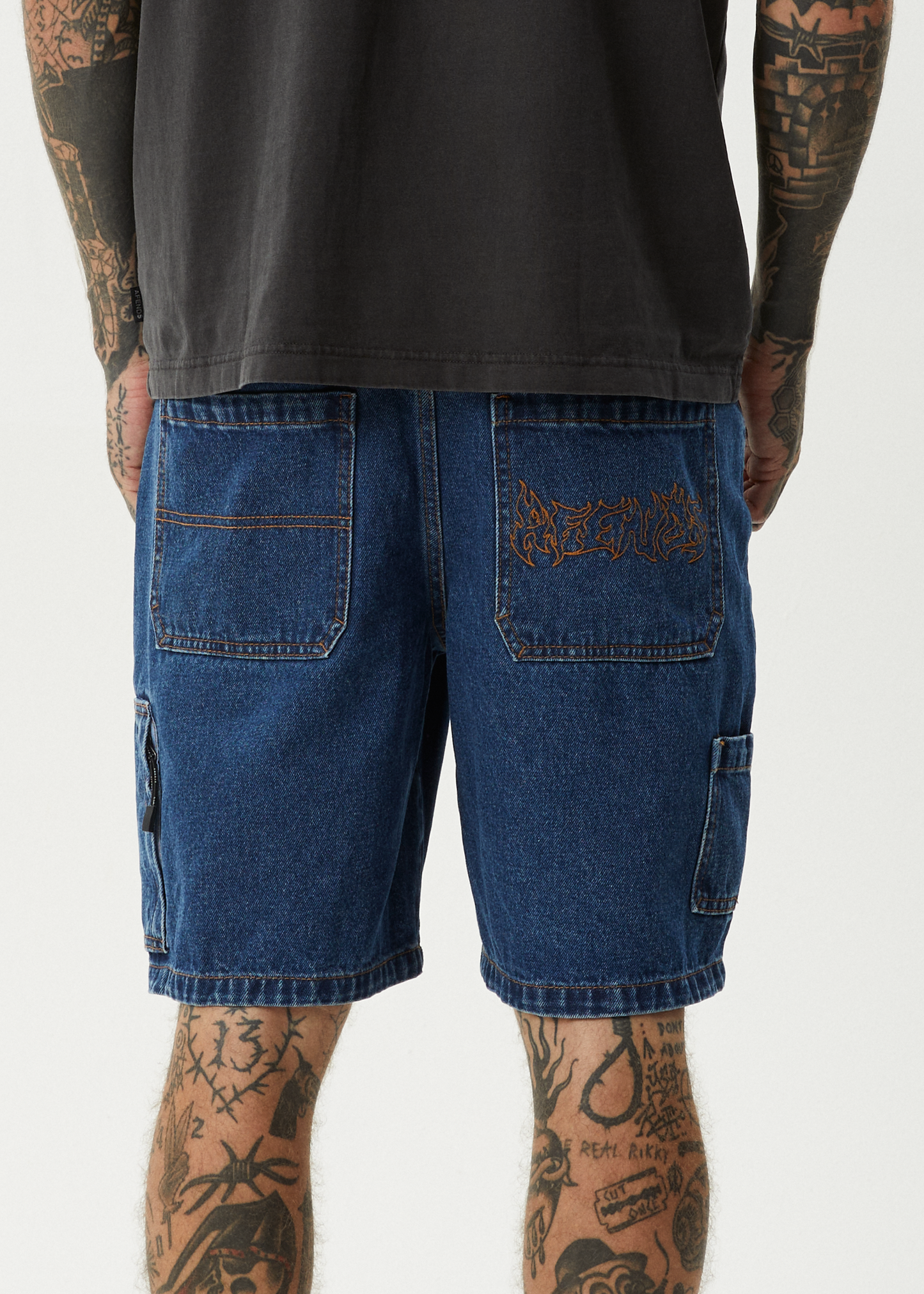 AFENDS Mens Scorched Harper - Denim Baggy Workwear Short 22" - Authentic Blue