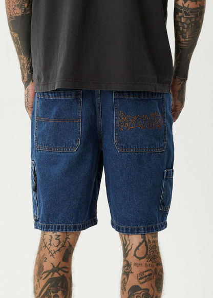 AFENDS Mens Scorched Harper - Denim Baggy Workwear Short 22" - Authentic Blue