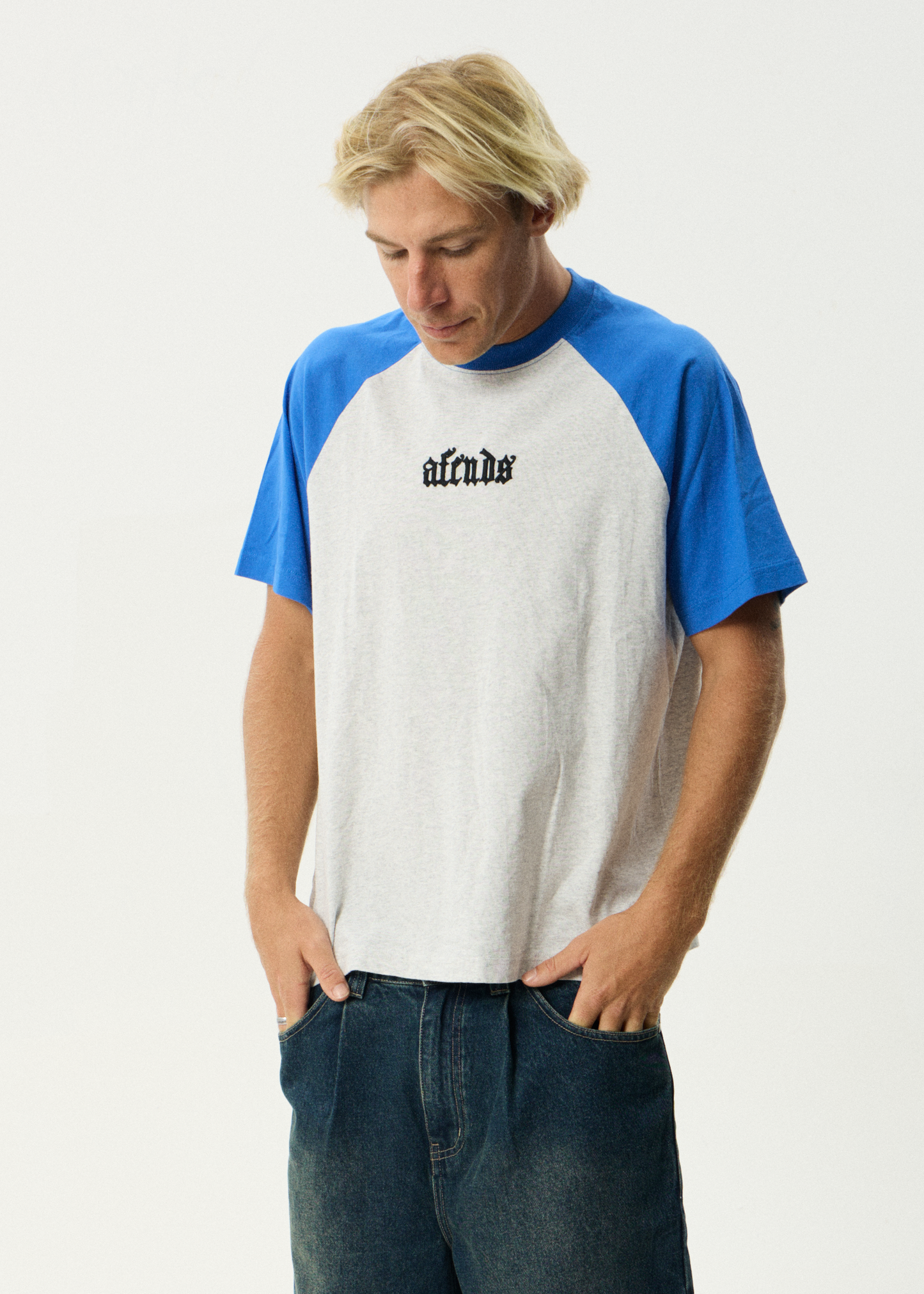AFENDS Mens Drop Zone - Heavyweight Raglan Tee - Grey Marle