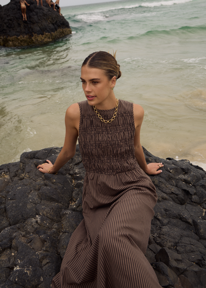 AFENDS Womens Cyrus - Maxi Dress - Coffee Stripe