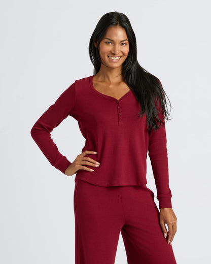 Womens Dark Maroon Waffle Long Sleeve Henley & Waffle Leg Pant 2-Pack