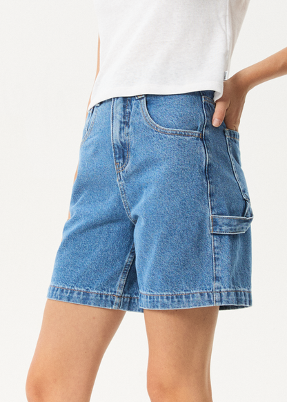 AFENDS Womens Emilie - Denim Workwear Short - Worn Blue