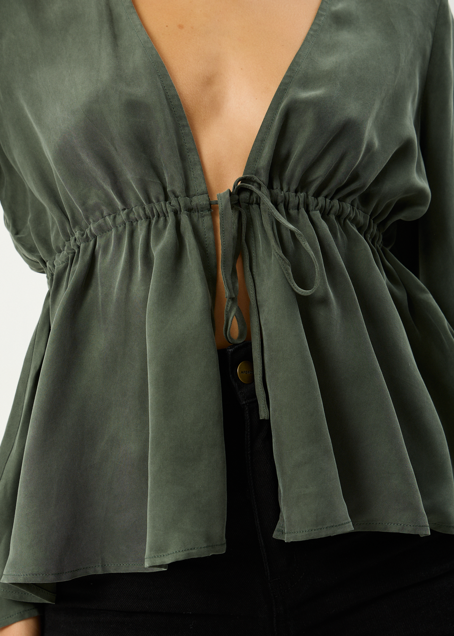 AFENDS Womens Grace - Cupro Tie Blouse - Deep Green
