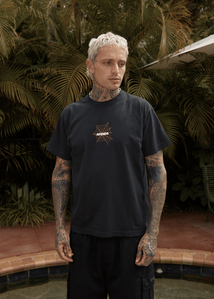 AFENDS Mens Webhead - Boxy Tee - Stone Black