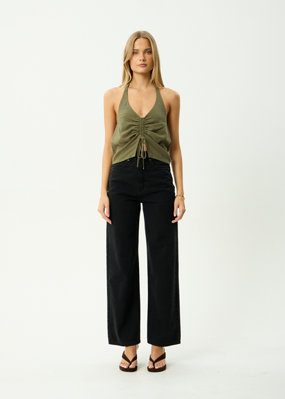AFENDS Womens Halle - Linen Ruched Top - Deep Olive