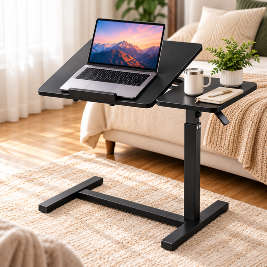 Adjustable Overbed Laptop Table with Tilting Top and Wheels