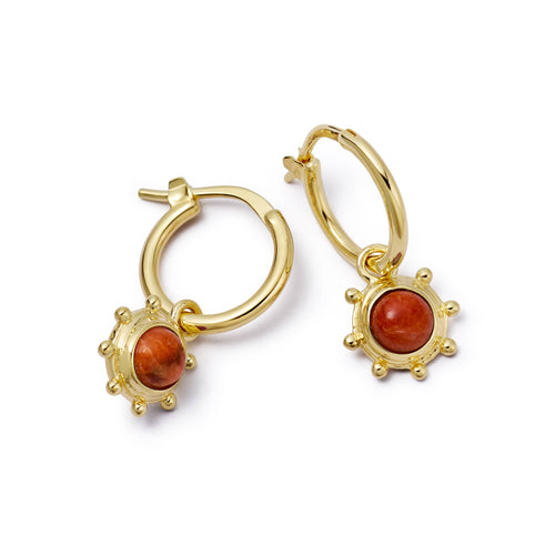 Red Coral Healing Stone Charm Earrings 18ct Gold Plate