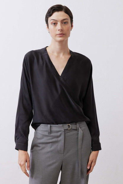 Long Sleeve Wrap Washable Silk Blouse