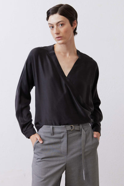 Long Sleeve Wrap Washable Silk Blouse